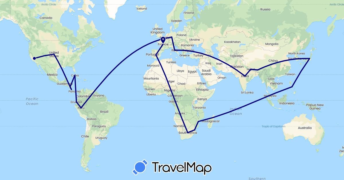 TravelMap itinerary: driving in Bhutan, Costa Rica, Cuba, Ecuador, Spain, France, India, Italy, Japan, Mozambique, Nicaragua, Nepal, Peru, Philippines, Swaziland, United States, South Africa (Africa, Asia, Europe, North America, South America)